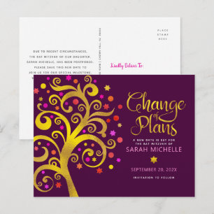 Burgundy Bat Mitzvah Change Plans Gold Tree o Life Invitation Postcard