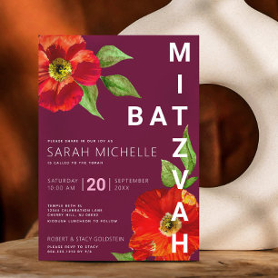 Burgundy Bat Mitzvah Floral Watercolor Bold Modern Invitation