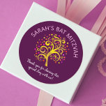 Burgundy Bat Mitzvah Gold Foil Tree of Life Modern Classic Round Sticker<br><div class="desc">Be proud, rejoice and showcase this milestone of your favourite Bat Mitzvah! Use this fun, sophisticated, personalized sticker to add to her special day. A stunning, graphic faux gold foil tree with sparkly pink, orange, and red Star of David and dot “leaves” overlays a rich purple burgundy background. Personalize the...</div>