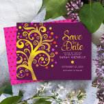 Burgundy Bat Mitzvah Gold Pink Foil Tree of Life Save The Date<br><div class="desc">Make sure all your friends and relatives will be able to celebrate your daughter’s milestone Bat Mitzvah! Send out this stunning, graphic faux gold foil tree with sparkly pink, orange, and red Star of David and dot “leaves” on a rich purple burgundy background, personalized “Save the Date” announcement card. A...</div>