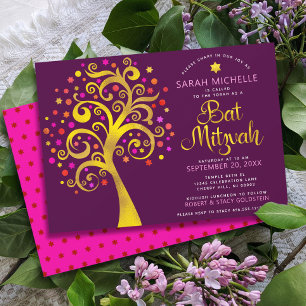 Burgundy Bat Mitzvah Modern Gold Foil Tree of Life Invitation