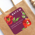 Burgundy Bat Mitzvah Red Floral Watercolor Modern  Square Sticker<br><div class="desc">Be proud, rejoice and celebrate this milestone of your favourite Bat Mitzvah! Use this sophisticated, chic, stunning, floral watercolor with modern san serif type against a burgundy background sticker to add to her special day. Personalize the custom text with her name and date of event. Guaranteed to add stylish fun...</div>