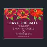 Burgundy Bat Mitzvah Save Date Floral Watercolor Invitation Postcard<br><div class="desc">Make sure all your friends and relatives will be able to celebrate your daughter’s milestone Bat Mitzvah! Send out this chic, stunning, red floral watercolor with modern san serif type against a burgundy background, personalized “Save the Date” announcement postcard. Personalize the custom text with your Bat Mitzvah’s name and date....</div>