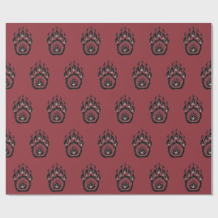 Burgundy Bear Paw Print Folk Art Wrapping Paper
