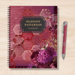 Burgundy Bee Damask Girly Chic Modern Name Notebook