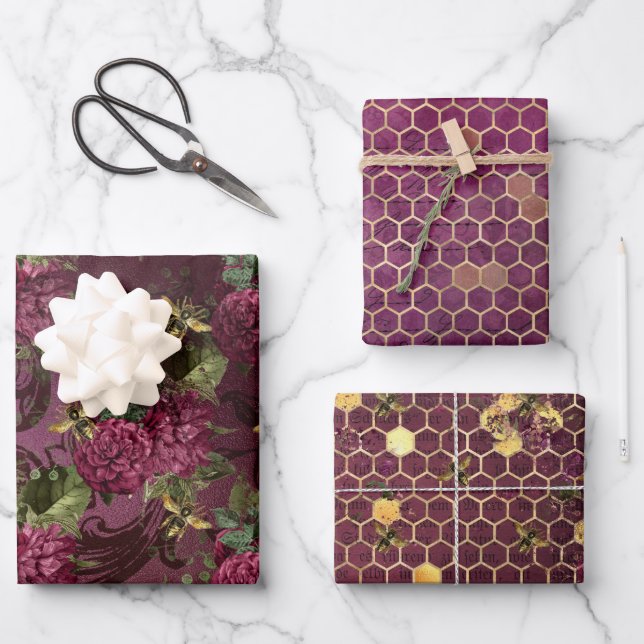 Burgundy Bee Series Design One Wrapping Paper Sheet (Front)