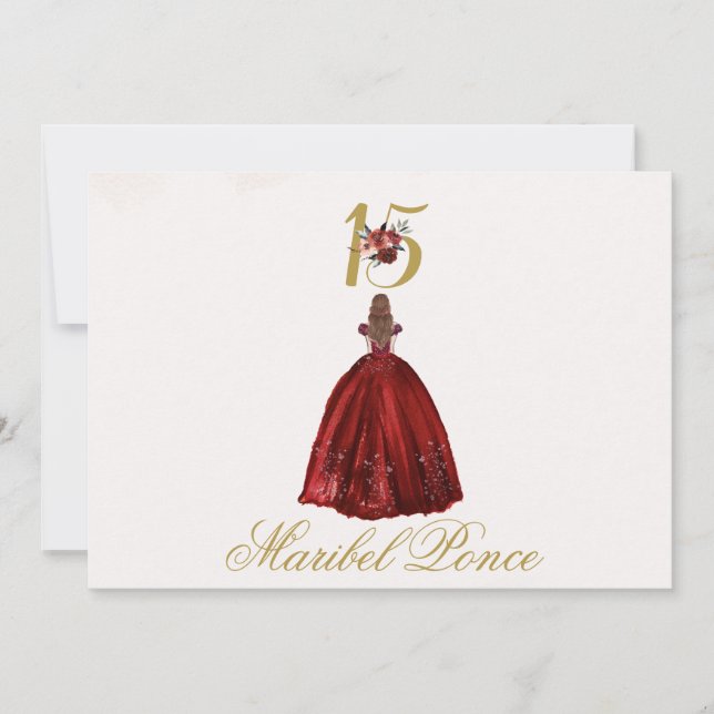Burgundy beige Quinceañera invitation in Spanish (Front)