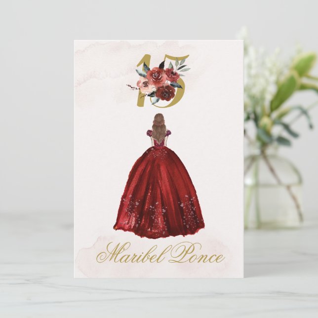 Burgundy beige Quinceañera invitation in Spanish (Standing Front)