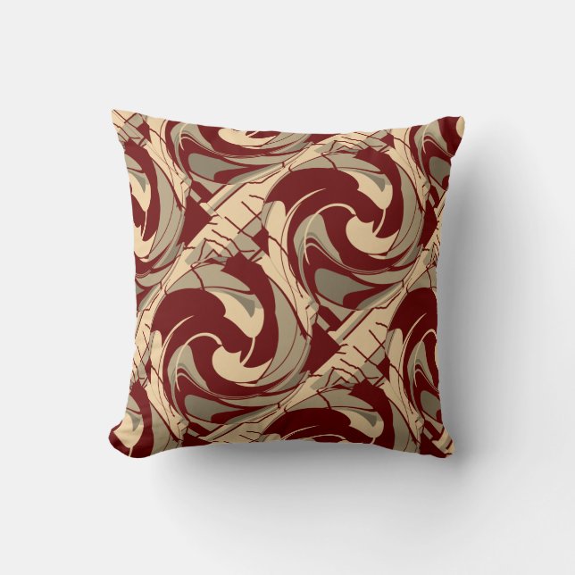 Burgundy Beige Taupe Diagonal Swirling Art Print Throw Pillow (Front)
