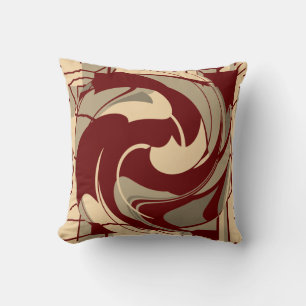 Burgundy Beige Taupe Swirling Abstract Flower Throw Pillow
