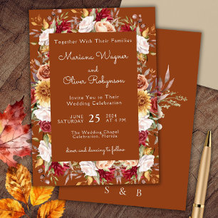 Burgundy Beige Terracotta Fall Floral Wedding Invitation