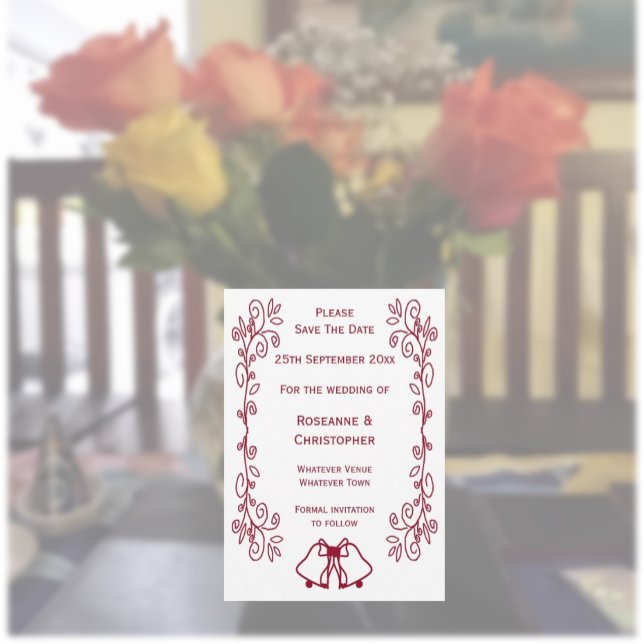 Burgundy Bells Scrollwork Design Wedding Save The Date (Burgundy wedding save the date bells and scrollwork design)