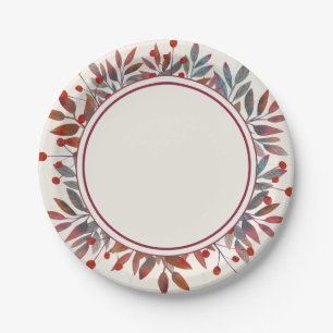 Burgundy Berries & Teal Leaves Ivory Paper Plate