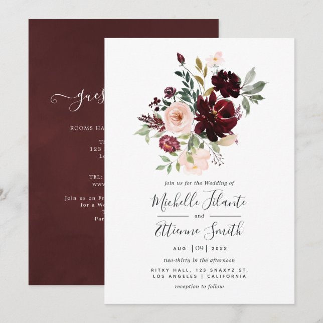 Burgundy Berry and Blush Floral Wedding Invitation (Front/Back)