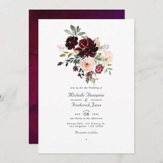Burgundy Berry & Blush Floral QR Code RSVP Wedding Invitation (Front/Back)