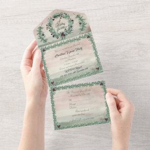 Burgundy Berry Holly Pine Christmas All In One Invitation