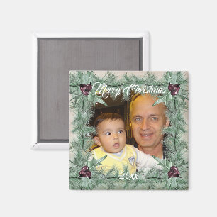 Burgundy Berry Holly Pine Christmas Photo Magnet