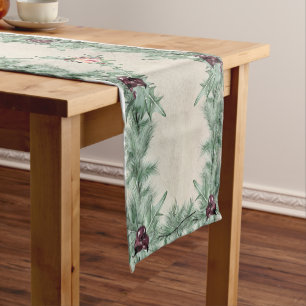 Burgundy Berry Holly Pine Christmas Short Table Runner