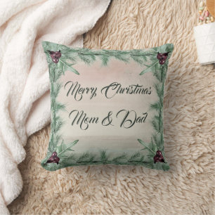 Burgundy Berry Holly Pine Christmas Throw Pillow