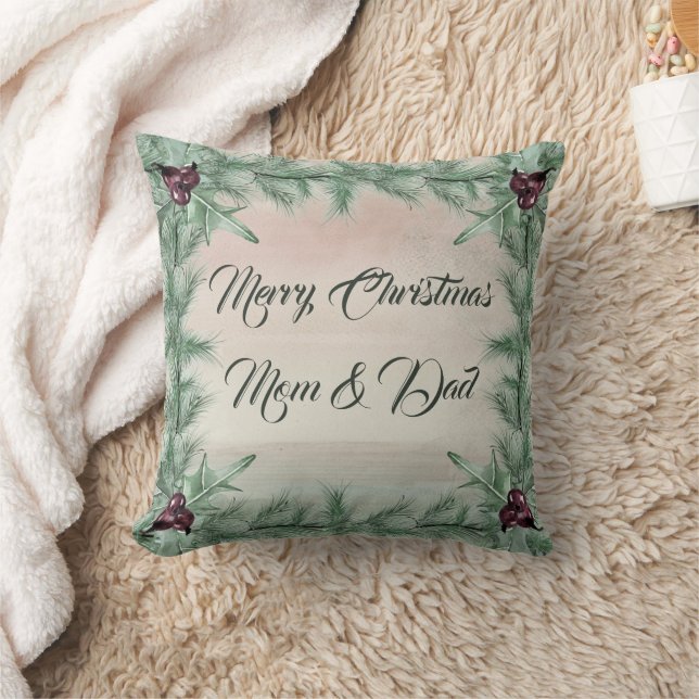 Burgundy Berry Holly Pine Christmas Throw Pillow (Blanket)