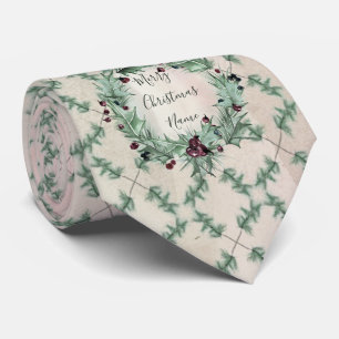 Burgundy Berry Holly Pine Christmas Tie