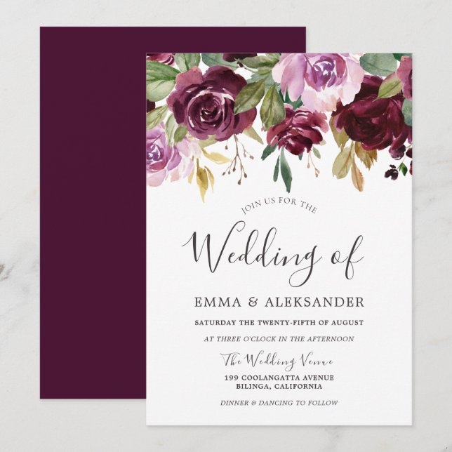 Burgundy Berry & Lilac Floral Fall Wedding Invitation (Front/Back)