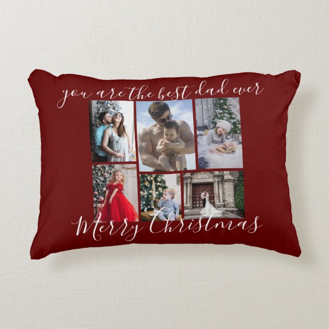Burgundy Best Dad Ever Merry Christmas Photo Accent Pillow (Front)