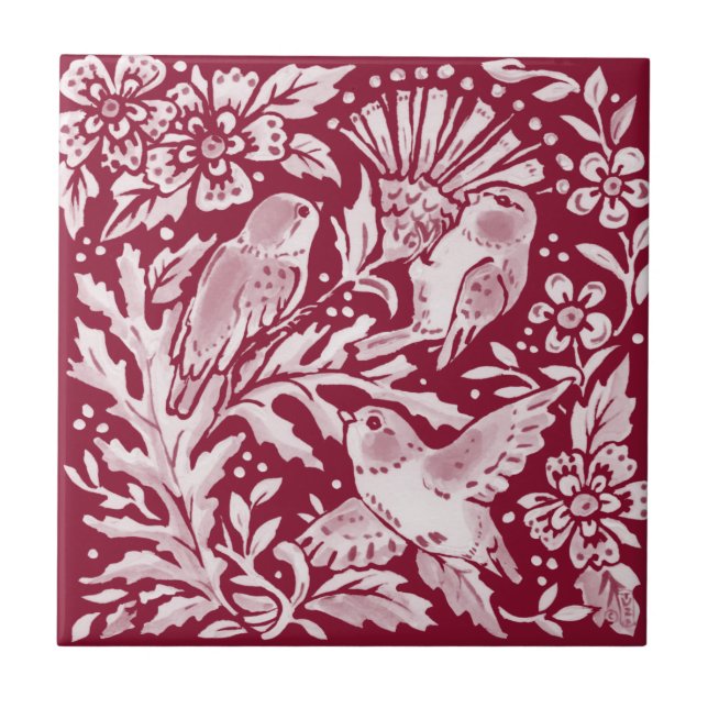 Burgundy Birds Thistle Floral Woodland Tile (Front)