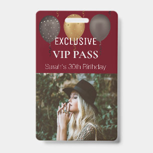 Burgundy Birthday Party Photo Custom Pass VIP Badge
