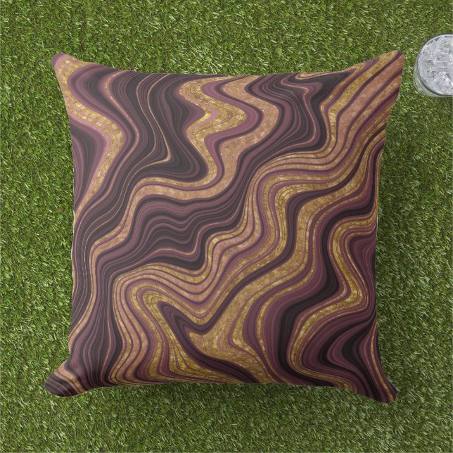 Burgundy Black and Gold Marble Look Pattern Outdoor Pillow (Grass)