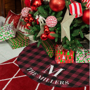 Burgundy Black Buffalo Plaid Family Monogram Brushed Polyester Tree Skirt