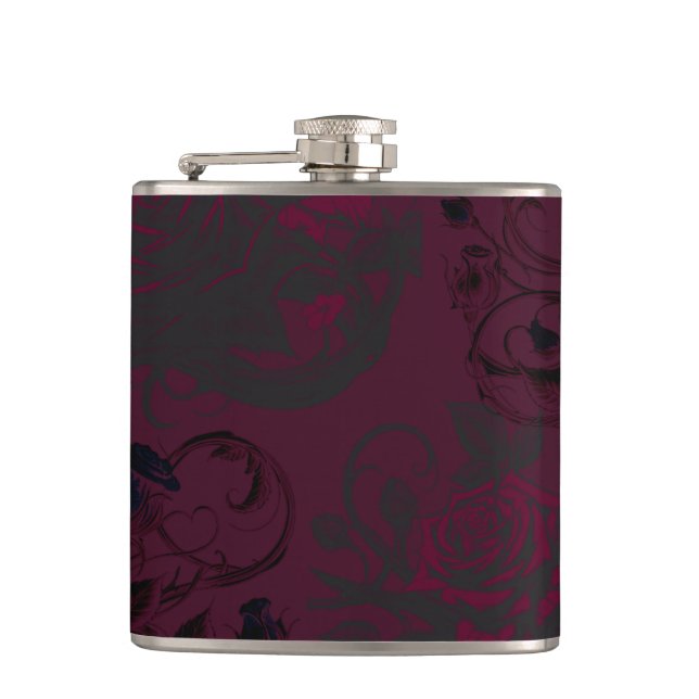 Burgundy & Black Dark Garden Gothic Glam Wedding Hip Flask (Front)