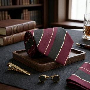 Burgundy & Black Diagonal Striped Gold Pinstripes Tie