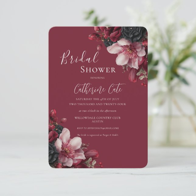 Burgundy & Black Elegant Floral Bridal  Invitation (Standing Front)