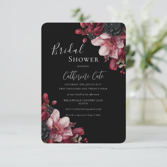 Burgundy & Black Elegant Floral Bridal  Invitation (Standing Front)