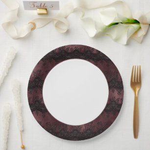 Burgundy Black Faux Lace Wedding Paper Plate