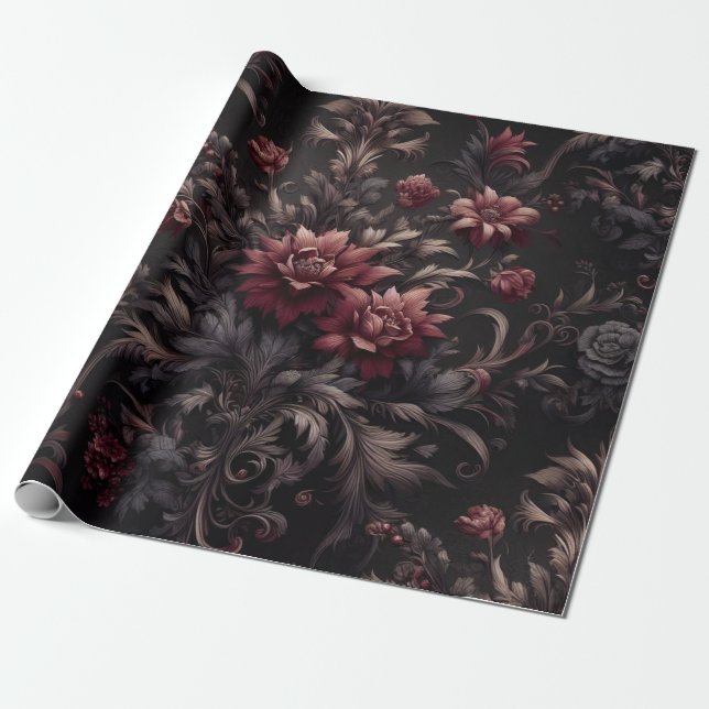Burgundy Black Floral Gift Wrapping Paper  (Unrolled)