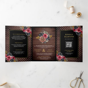 Burgundy Black Floral Roses Rustic Wood Wedding Tri-Fold Invitation