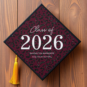 Burgundy & Black Glitter Leopard Print Class of Graduation Cap Topper