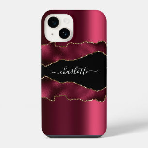 Burgundy black gold agate marble name script iPhone 14 case
