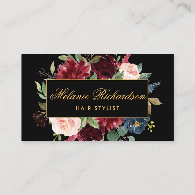 Burgundy Black Gold Hair Stylist Appointment Card (Front)