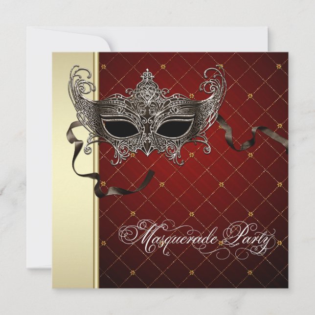 Burgundy Black Gold Masquerade Party Invitations (Front)