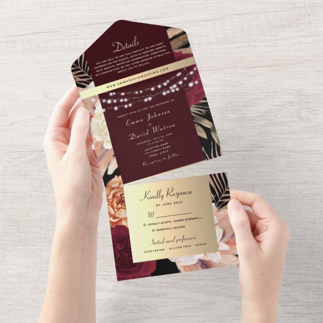 Burgundy Black Gold String Lights Wedding All In O All In One Invitation (Tearaway)