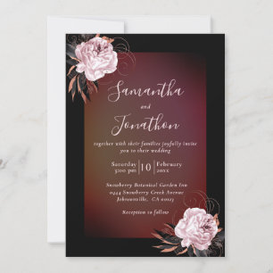Burgundy Black Gothic Floral Rose Wedding Invitation