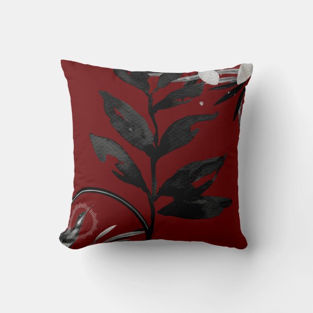 Burgundy Black & Grey Artistic Watercolor Leaves Throw Pillow (Front)
