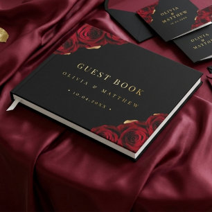 Burgundy black ⎮ Red Rose Floral Modern Wedding  Guest Book