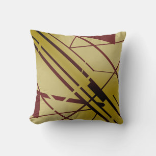 Burgundy Black Shapes Lines on Gold Flowing Design Throw Pillow