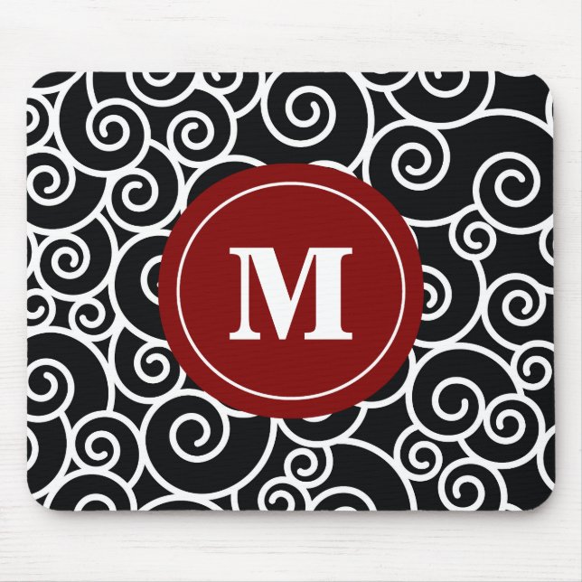 Burgundy Black Swirl Monogram Mouse Pad. Pad (Front)