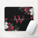 Burgundy Black Watercolor Floral Name Monogrammed Mouse Pad<br><div class="desc">Burgundy black watercolor botanical peony rose floral personalized monogrammed mouse pad. Burgundy, marsala, white watercolor peony roses, botanical floral design with dark green leaves and berries on black background. Feature an elegant swirly handwritten typography design with your custom name, monogram and pretty burgundy, white peony roses arrangement. Perfect feminine gift....</div>