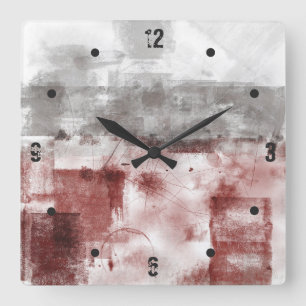 Burgundy Black White Grey abstract Square Wall Clock